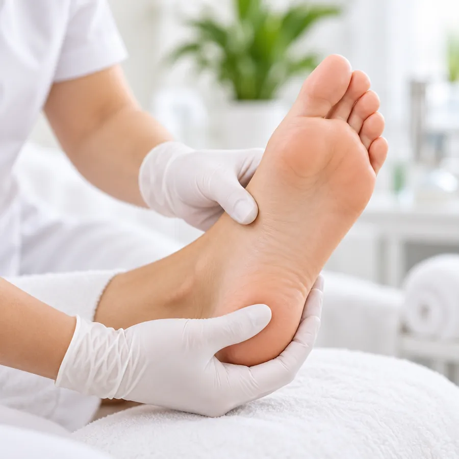Pedicure voert een voetonderzoek uit
